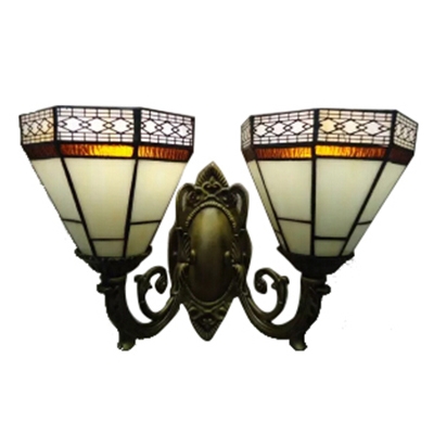 2 Light Inverted Stained Glass Wall Sconce with 16" Wide Shade in Antique Bronze Finish, Tiffany Style