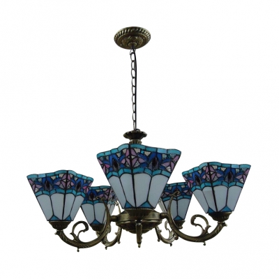 5-Light Blue&White Inverted Stained Glass Shade Chandelier in Antique Bronze