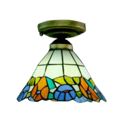 Conical Shade with Floral Theme Flush Mount Ceiling Light in Tiffany Style, 8-Inch Wide