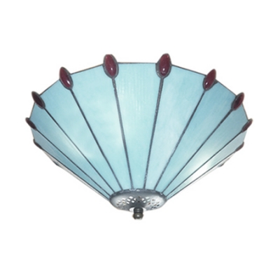 Simple 3-Light Tiffany Blue Stained Glass Flush Mount Ceiling Light with Conical Shade, Up Lighting