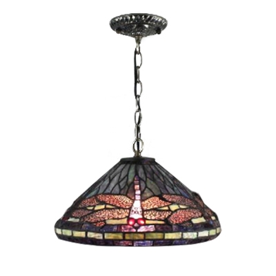 Dragonfly Hanging Pendant Tiffany Style 12-Inch Wide Conical Glass Shade, Multicolored