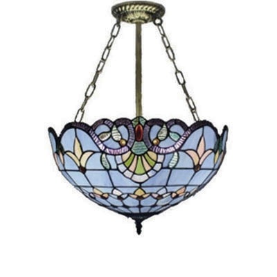 Baroque Blue Semi Flush Mount with Tiffany 16-Inch Wide Art Glass Lampshade, 3-Light