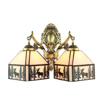 Countryside Style Tiffany Stained Glass 2-Light Wall Sconce in Antique Brass Finish