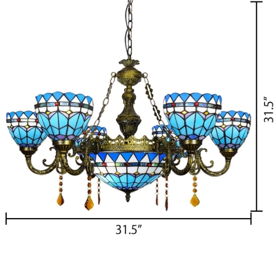 Tiffany Inverted Stained Glass Shade Nautical Style Chandelier with Center Bowl, 2 Sizes