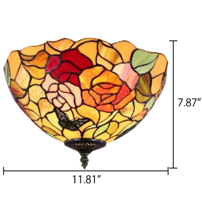 Beautiful Flower Pattern Tiffany Style Flush Mount Lamp with Multicolored Glass Shade, 12