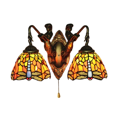 Dragonfly Design Wall Lamp with Belle Supported Dome Glass Shade, 2 Light