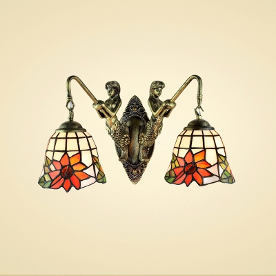 14-Inch Wide Tiffany Style 2-Light Wall Sconce Mermaid with Sunflower Embellished Glass Shade