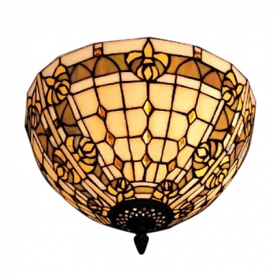 Bowl Shaped Flush Mount Ceiling Fixture 2-Light Tiffany 12-Inch Wide Glass Lampshade