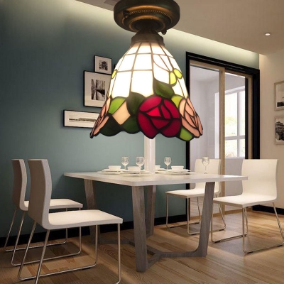 Floral Theme Bell Shaped Flush Mount Ceiling Light with Tiffany-Stlye Multi-Colored Glass Shade