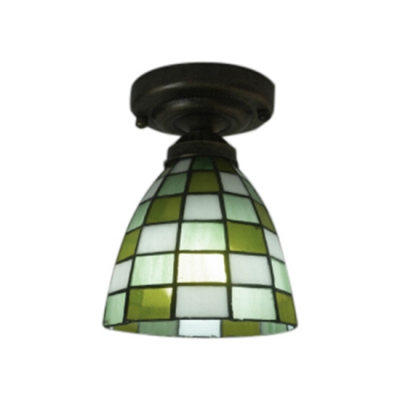 Orange/Green Semi Flush Mount Ceiling Light with Tiffany Plaid Pattern Glass Shade, 6