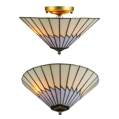 13 In Wide Conical Glass Shade in Purple and White Tiffany Style Flush Mount Ceiling Fixture, Up Lighting