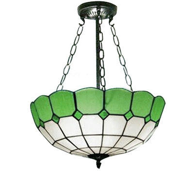 White&Green Bowl Shaped Pendant Light Tiffany Style Semi Flush Mount with 12