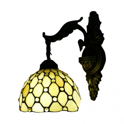 Downward Tiffany Style 8"W Single Light Dome Design Amber Glass Shade Wall Lamp