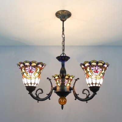 Victorian Style Upward Bell Design 3-Light Chandelier with Colorful Glass Shade 