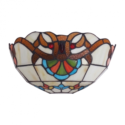 Classic Victorian Tiffany Style Hallway Two Light Wall Sconce with Bowl Shaped Handmade Glass Shade, Multi-Colored, 12-Inch Wide