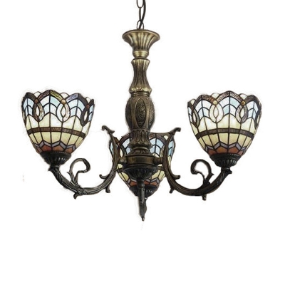 Baroque Tiffany Style 3-Light Inverted Stained Glass Shade Chandelier in Antique Bronze