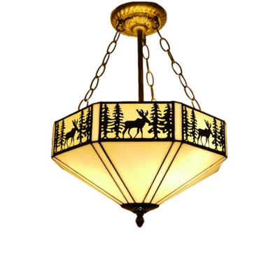 2/5-Light Semi-Flush Ceiling Light Loft Lamp with Deer Pattern, Tiffany Art Glass, Aged Brass