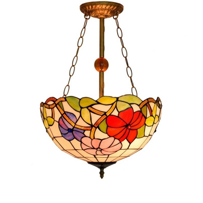 Three Light Semi-Flushmount Light with Flower Pattern Glass Shade, Tiffany Style, 16