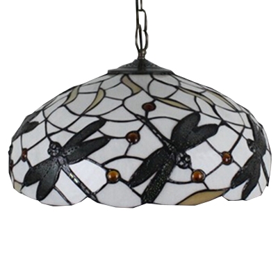 Dome Shade Dragonfly Pendant Light Tiffany Art Glass 2 Light in Black & White, 18-Inch Wide