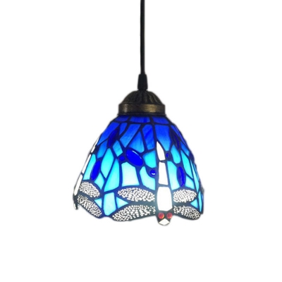 6" W Dragonfly Dome Shade Ceiling Fixture, Tiffany Stained Glass in Blue