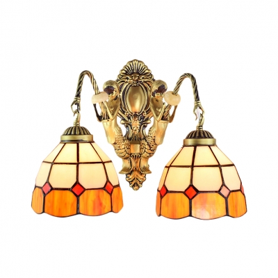Simple 2-Light Wall Sconce in Mediterranean Style with Tiffany Orange & White Glass Shade, 14