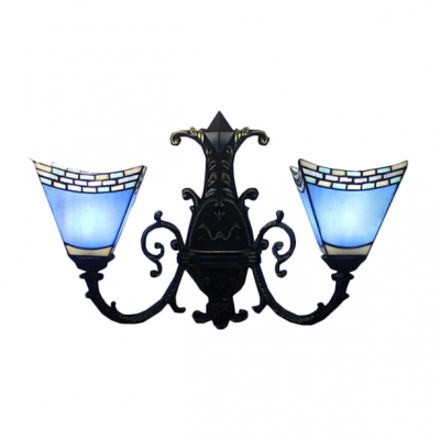 Blue Mediterranean Tiffany-Style Inverted Double Light Hallway Sconce