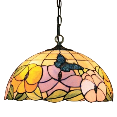 Butterfly and Floral Hanging Lamp with Tiffany-Style Multicolored Dome Glass Shade, 16