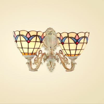 2 Light Double Wall Sconce with Tiffany Style Tulip Pattern Glass Shade, 14-Inch Wide