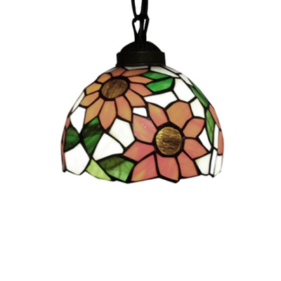 Dome Pendant Light with Sunflower Pattern Glass Shade in Tiffany Style, 8