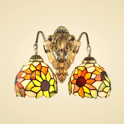 

Sunflower Dome Shade Tiffany Double Light Wall Sconce in 14" Wide, Multicolored, HL468582