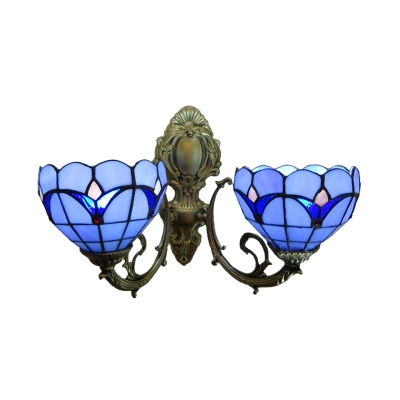 Dome Shaped 2 Light Double Wall Sconce with Tulip Theme Stained Glass Shade in Blue/Clear, Tiffany Style
