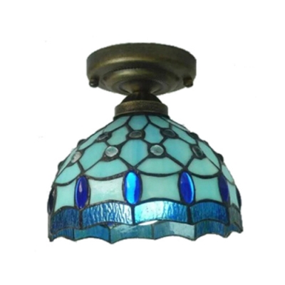 Blue Flush Mount Ceiling Light With Grid Pattern Embellished Tiffany
