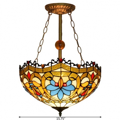 16-Inch Wide Three Light Tiffany Semi-Flush Mount Ceiling Fixture in Victorian Style, Multi-Colored