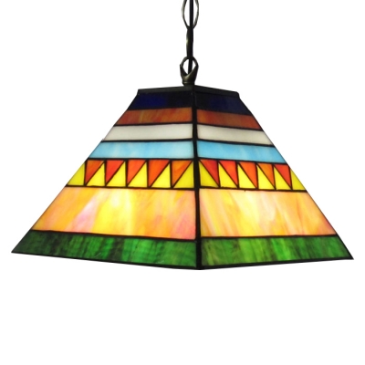12" W Pyramid Shape Tiffany Hanging Pendant with Mission Glass Shade in Multicolor Finish