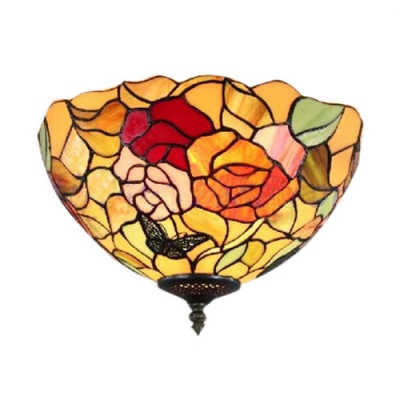 Beautiful Flower Pattern in Tiffany Style Flush Mount Lamp Multicolored Glass Shade, 12" Wide