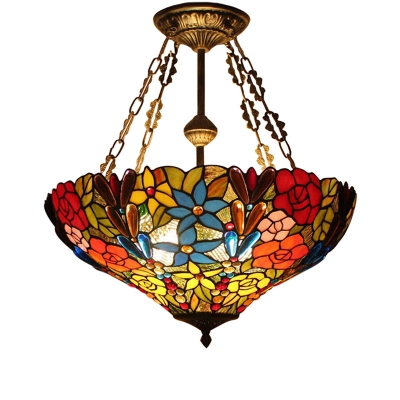 Semi-Flush Mount Ceiling Fixture with Flower Theme, Tiffany Stained Glass in Colorful, 16