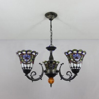 Victorian Style Upward Bell Design 3-Light Chandelier with Colorful Glass Shade 
