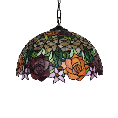 Rose Theme 2 Light Ceiling Pendant, Tiffany Style 16-Inch Wide Glass Shade in Dome Shaped, Multicolored
