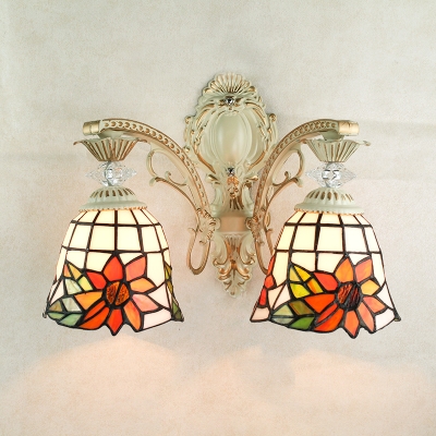 14-Inch Wide Tiffany Style Wall Sconce in Floral Style, 2-Light, Bell Shaped Glass Shade
