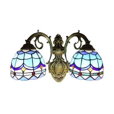 Classic Baroque Upward 2-Light Wall Sconce with Tiffany Style Blue Stained Glass