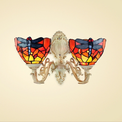 Blue Dragonfly Tiffany Wall Sconce with 14-Inch Wide Red Stained Glass Shade, 2-Light