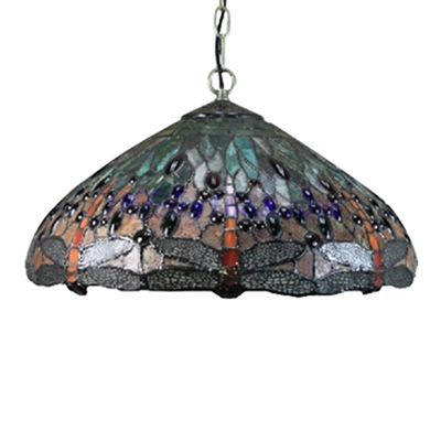 Antique Design Tiffany 2-Light Ceiling Pendant Fixture with Dragonfly Pattern Glass Shade in Multicolored Finish