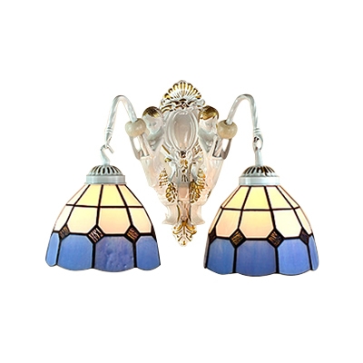 Double Light Wall Sconce in Mediterranean Style with Tiffany White and Blue Stained Glass Shade, 9.4-Inch Wide