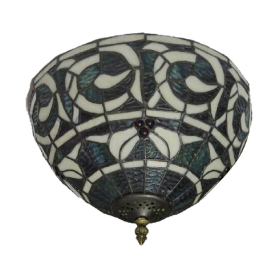 12-Inch Wide Tiffany Art Flush Mount Lamp Up Lighting Baroque Style with Stained Glass Shade in Blue, 2-Light