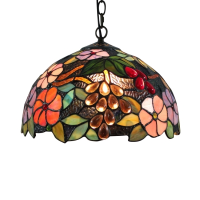 Fruit and Floral Pattern Glass Shade Tiffany Loft Lamp 2 Light Ceiling Fixture, 16" Wide, Multi-Colored