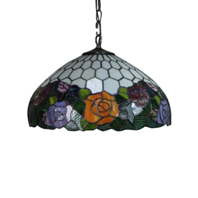 Tiffany-Style Hummingbirds and Floral Hanging Pendant with Colorful Art Glass Shade, 16