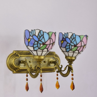 Hummingbird Floral Theme Antique Brass Finish Tiffany Glass Shade Wall Sconce, 2 Light, Multicolored