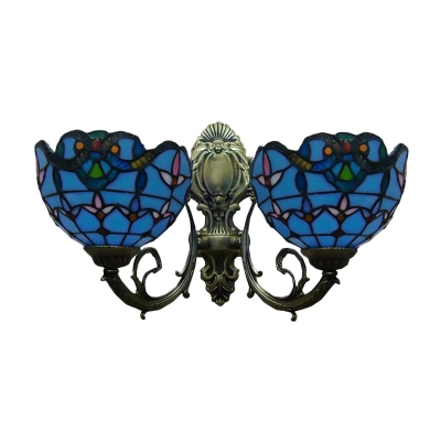 Blue&White Baroque Tiffany-Style 2 Light Inverted Stained Glass Shade Sconce