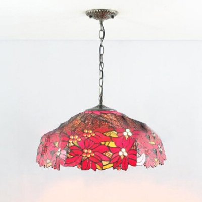 Red Flower Dome Shade Tiffany Ceiling Fixture with 2 Light and Art Glass in Vintage Style