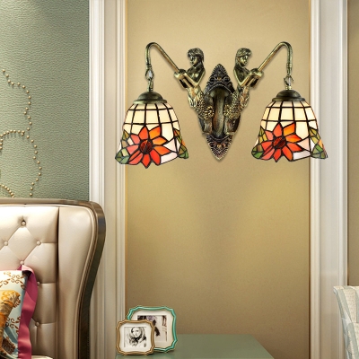 14-Inch Wide Tiffany Style 2-Light Wall Sconce Mermaid with Sunflower Embellished Glass Shade